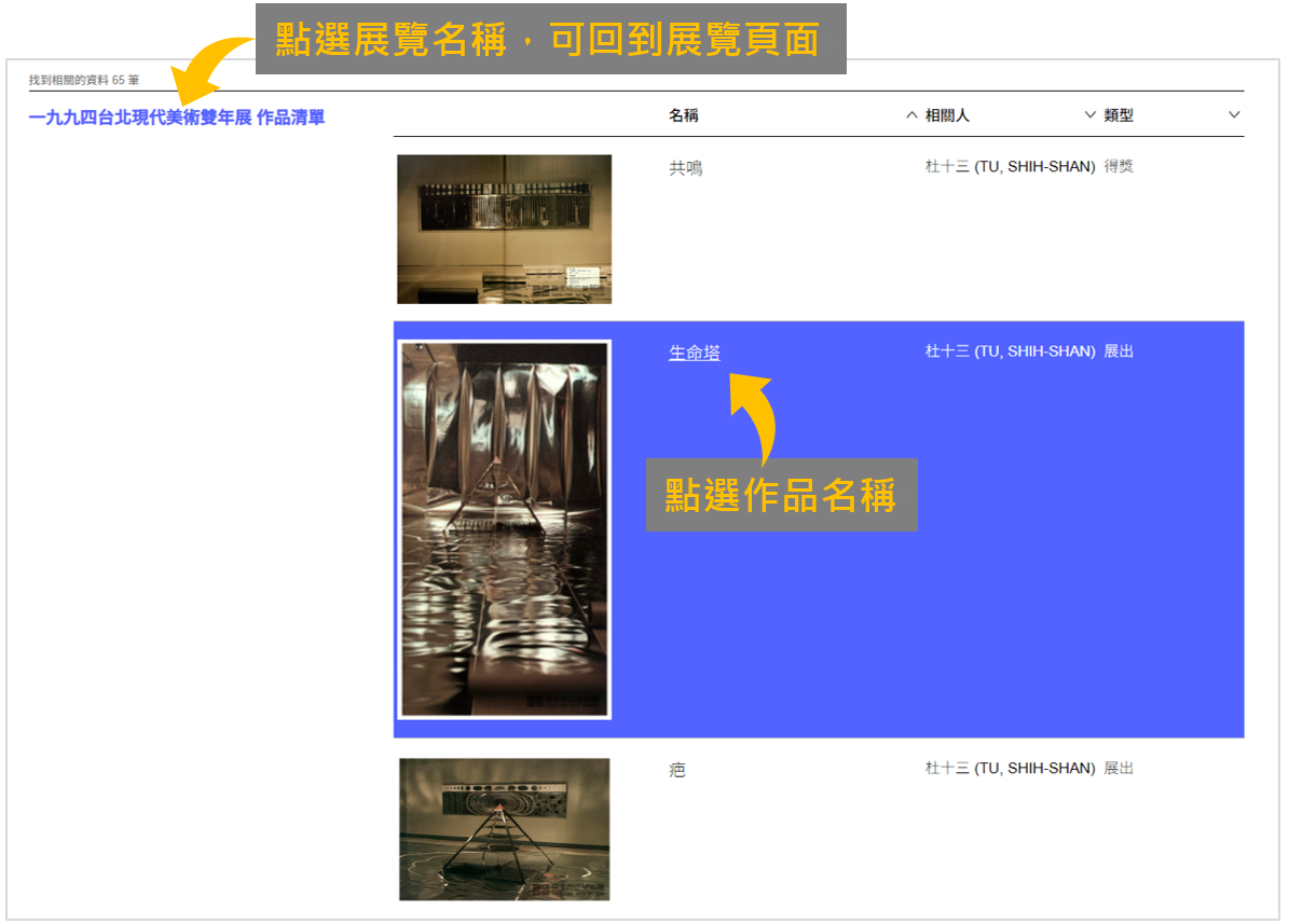 點選作品名稱，可查看這筆作品資訊